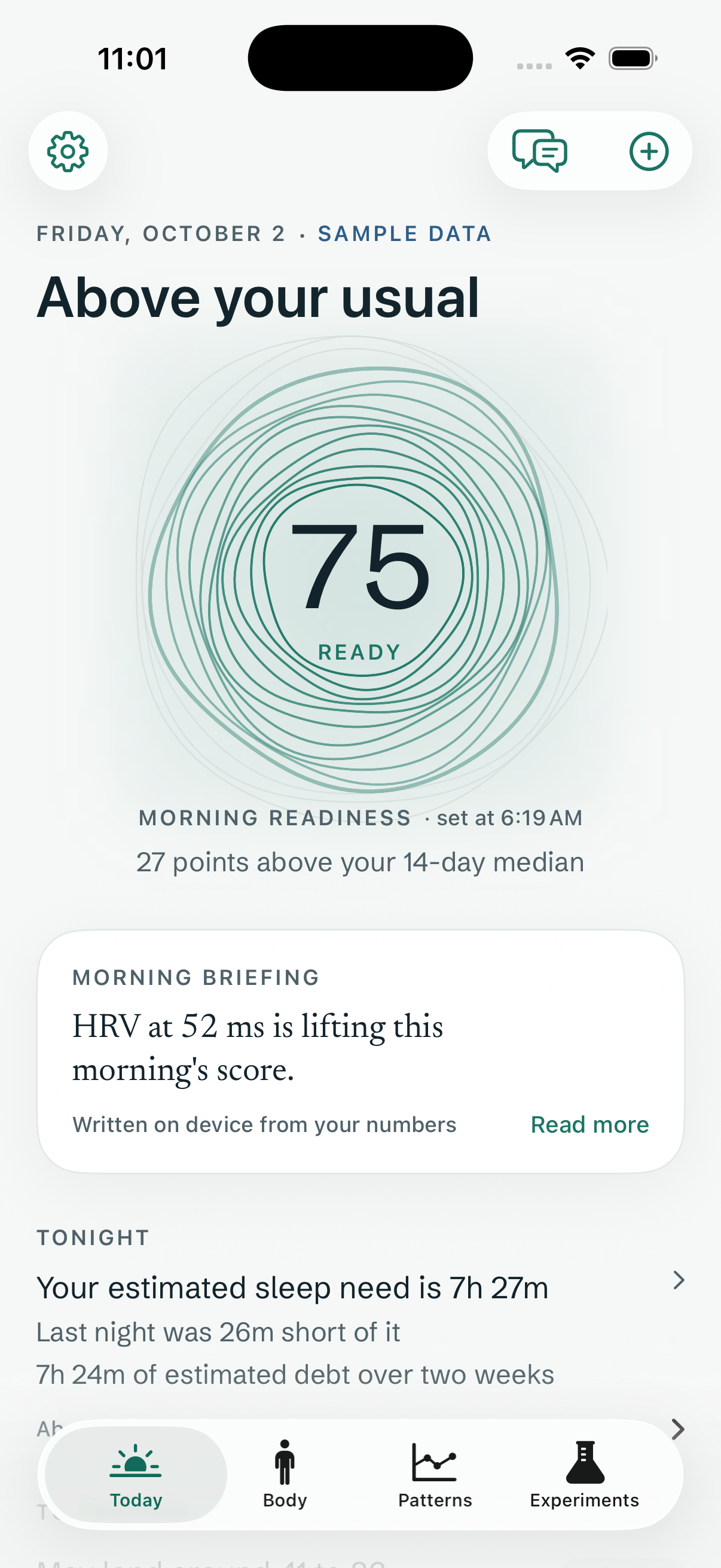 Parallax Today screen showing a readiness score with its personal comparison, morning briefing, and sleep context. All readings are sample data.